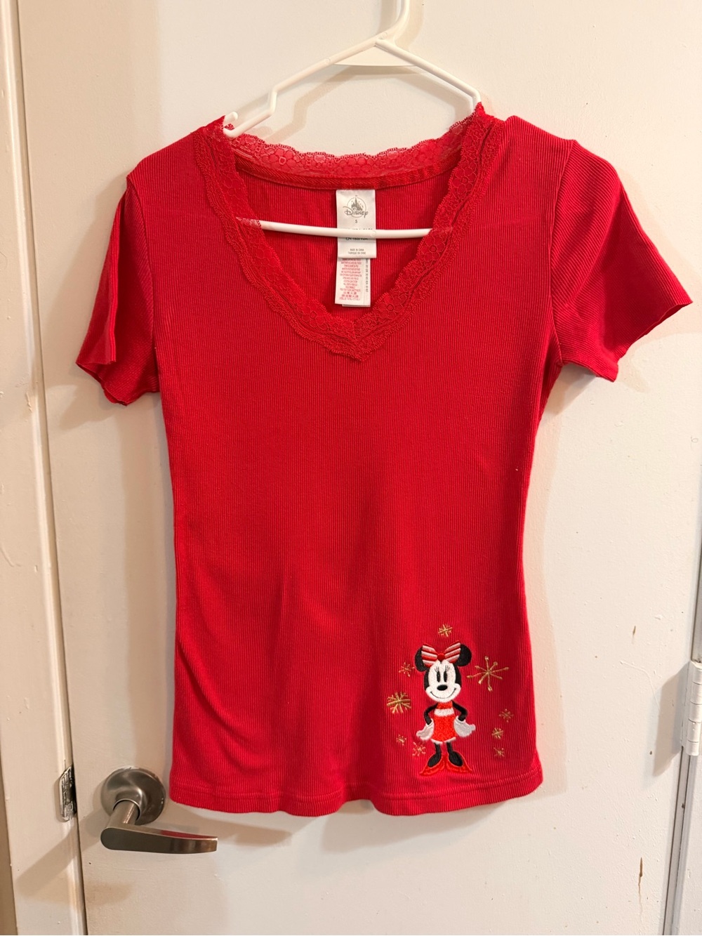 Disney Red Ribbed Lace-Trim V-Neck Tee